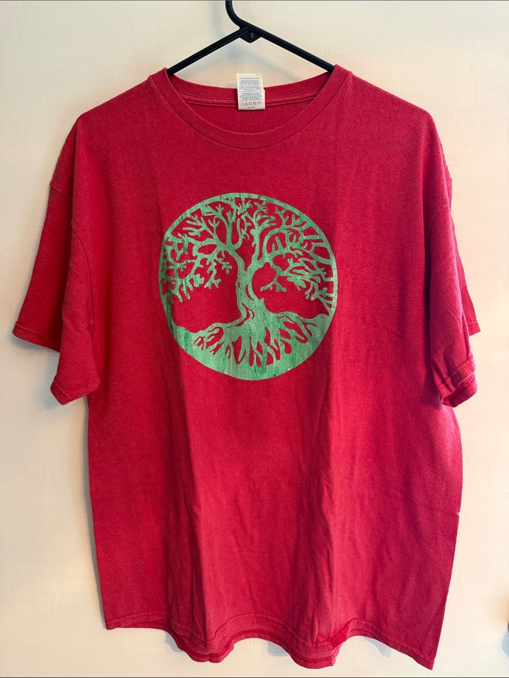 Red T-Shirt with Green Tree of Life Graphic